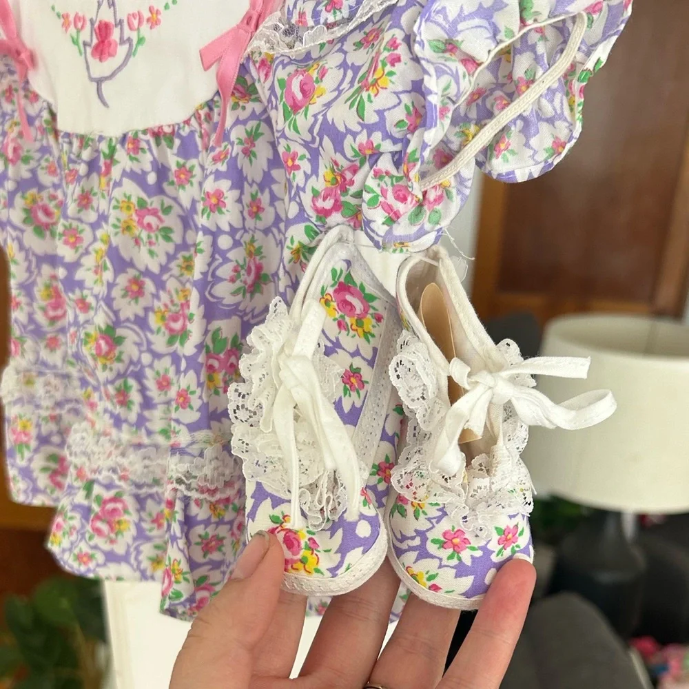 Vintage Baby Floral Blouse with Pink and Purple Design With Matching Booties - Picture 2 of 7